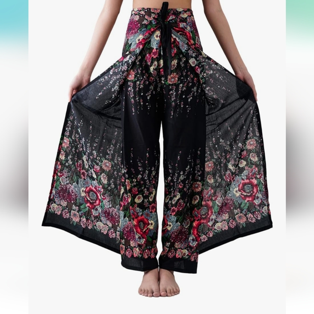 B BANGKOK PANTS 
Black Floral Palazzo Pants Wide Leg Yoga Wrap Tie Up Waist